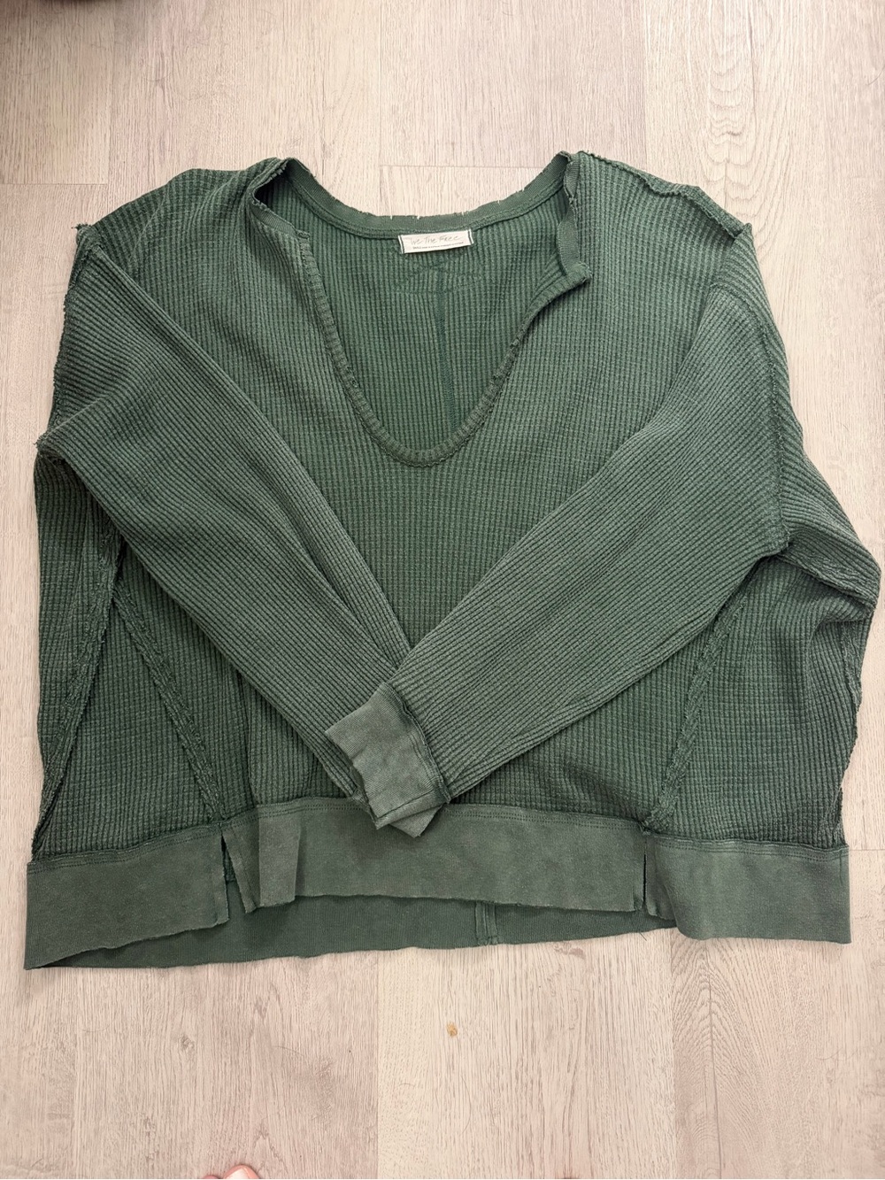 We The Free Olive Green V-Neck Waffle Knit Sweater